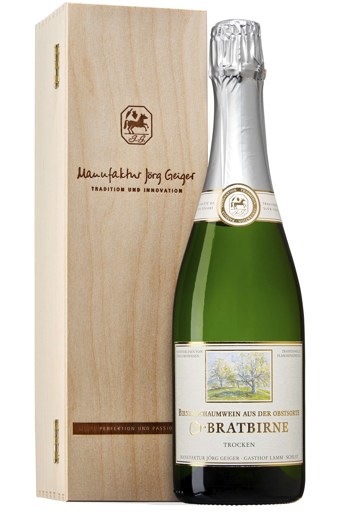 Birnenschaumwein CBB trocken 0,75l in der Holzkassette